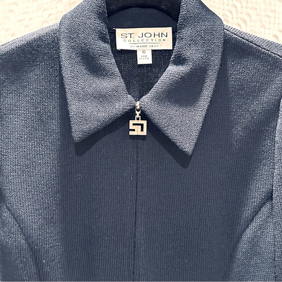 Vintage ST JOHN Collection by Marie Gray Knit Blazer w/Logo Zipper in Navy SZ 6 - Picture 2 of 6
